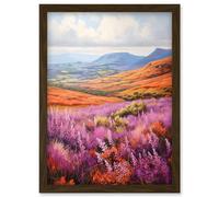 Wall Art Print Scottish Heather Fields Oil Painting Purple Orange Blue Scotland Countryside Landscape Artwork Framed A4 Artery8 Brown A4