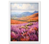Wall Art Print Scottish Heather Fields Oil Painting Purple Orange Blue Scotland Countryside Landscape Artwork Framed A4 Artery8 White A4