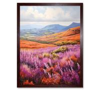 Wall Art Print Scottish Heather Fields Oil Painting Purple Orange Blue Scotland Countryside Landscape Art Framed Artery8 Brown W12 inch x H16 inch