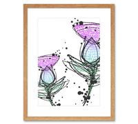 Wall Art Print Scottish Thistle Head Flowers Ink Drip Design Scotland Framed Art Artery8 Beige W7 inch x H9 inch