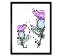 Wall Art Print Scottish Thistle Head Flowers Ink Drip Design Scotland Framed Art Artery8 Black W7 inch x H9 inch