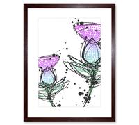 Wall Art Print Scottish Thistle Head Flowers Ink Drip Design Scotland Framed Art Artery8 Brown W7 inch x H9 inch