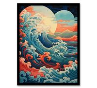 Wall Art Print Sea Waves Sunset Seascape Painting Pink Red Blue Great Wave Off Kanagawa Stylised Depiction Art Framed Artery8 Blue W12 inch x H16 inch