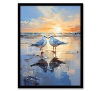 Wall Art Print Seagull Bird Couple Beach Sunset Painting Coastal Landscape Framed Art Artery8 Blue W12 inch x H16 inch
