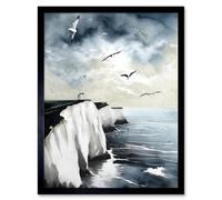Wall Art Print Seagulls Flying Over the White Cliffs of Dover in England Modern Linocut Art Framed Artery8 Black W12 inch x H16 inch