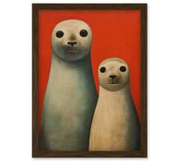 Wall Art Print Seal Pups Portrait White Cream On Red Crimson Coral Detailed Oil Painting Artwork Framed A4 Artery8 Brown A4