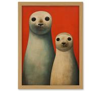 Wall Art Print Seal Pups Portrait White Cream On Red Crimson Coral Detailed Oil Painting Artwork Framed A4 Artery8 Light Oak A4