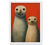 Wall Art Print Seal Pups Portrait White Cream On Red Crimson Coral Detailed Oil Painting Artwork Framed A4 Artery8 White A4
