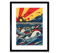 Wall Art Print Seascape Sunset Comic Book Style Geometric Pattern Waves Polka Dot Halftone Artwork Framed 9X7 Inch Artery8 Black W7 inch x H9 inch