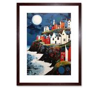 Wall Art Print Seaside Village Houses on Cliff Folk Art Oil Painting Bathroom Artwork Full Moon Night Waves Coastal Landscape Artwork Framed 9X7 Inch Artery8 Brown W7 inch x H9 inch