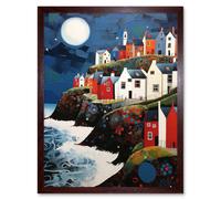 Wall Art Print Seaside Village Houses on Cliff Folk Art Oil Painting Bathroom Artwork Full Moon Night Waves Coastal Landscape Art Framed Artery8 Brown W12 inch x H16 inch
