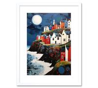 Wall Art Print Seaside Village Houses on Cliff Folk Art Oil Painting Bathroom Artwork Full Moon Night Waves Coastal Landscape Artwork Framed 9X7 Inch Artery8 White W7 inch x H9 inch