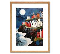 Wall Art Print Seaside Village Houses on Cliff Folk Art Oil Painting Bathroom Artwork Full Moon Night Waves Coastal Landscape Artwork Framed 9X7 Inch Artery8 Beige W7 inch x H9 inch