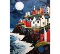 Wall Art Print Seaside Village Houses on Cliff Folk Art Oil Painting Bathroom Artwork Full Moon Night Waves Coastal Landscape Poster Artery8 Blue W24 inch x H32 inch