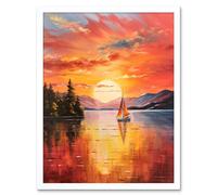 Wall Art Print Serene Lake Sunset Sailing Vibrant Oil Painting Sail Boat Lakeside Mountain Landscape Art Framed Artery8 White W12 inch x H16 inch