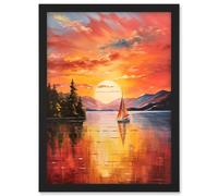 Wall Art Print Serene Lake Sunset Sailing Vibrant Oil Painting Sail Boat Lakeside Mountain Landscape Artwork Framed A4 Artery8 Black A4