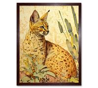 Wall Art Print Serval Cat in Nature Detailed Watercolour and Ink Bright Art Framed Artery8 Brown W12 inch x H16 inch