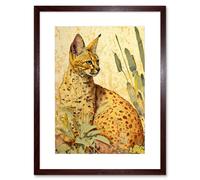 Wall Art Print Serval Cat in Nature Detailed Watercolour and Ink Bright Artwork Framed 9X7 Inch Artery8 Brown W7 inch x H9 inch