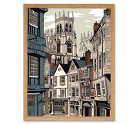 Wall Art Print Shambles Street Cityscape with York Minster Towers Art Framed Artery8 Light Oak W12 inch x H16 inch