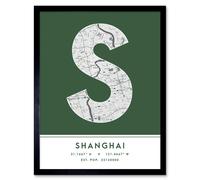Wall Art Print Shanghai China City Map Modern Typography Stylish Letter Framed Word Wee Blue Coo Green W12 inch x H16 inch