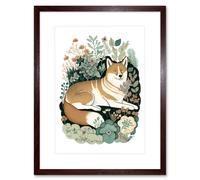 Wall Art Print Shiba Inu Dog Lying in Flower Field Modern Stylised Artwork Framed 9X7 Inch Artery8 Brown W7 inch x H9 inch