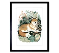 Wall Art Print Shiba Inu Dog Lying in Flower Field Modern Stylised Artwork Framed 9X7 Inch Artery8 Black W7 inch x H9 inch