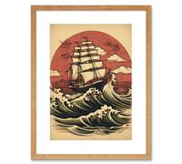 Wall Art Print Ship Sailing in Rough Sea Waves Retro Rockabilly Americana 50s Artwork Framed 9X7 Inch Artery8 Beige W7 inch x H9 inch
