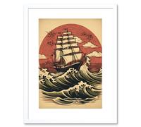 Wall Art Print Ship Sailing in Rough Sea Waves Retro Rockabilly Americana 50s Artwork Framed 9X7 Inch Artery8 White W7 inch x H9 inch