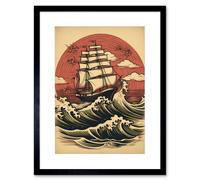 Wall Art Print Ship Sailing in Rough Sea Waves Retro Rockabilly Americana 50s Artwork Framed 9X7 Inch Artery8 Black W7 inch x H9 inch
