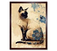 Wall Art Print Siamese Cat with Blue Flowers Watercolour and Ink Modern Art Framed Artery8 Brown W12 inch x H16 inch