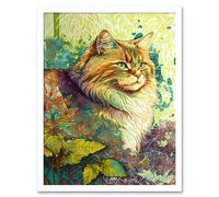 Wall Art Print Siberian Cat in Nature Vibrant Colourful Modern Portrait Art Framed Artery8 White W12 inch x H16 inch