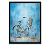 Wall Art Print Simple Elegant Single Bicycle On Blue Modern Contemporary Detailed Flower Basket Artwork Art Framed Artery8 Black W12 inch x H16 inch