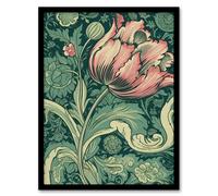 Wall Art Print Single Tulip Flower Art Nouveau Painting Pastel Colour Teal Blue Pink William Morris Style Spring Bloom Colourful Bright Floral Modern Artery8 Green A4