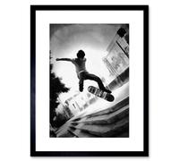 Wall Art Print Skateboarder Trick BW Framed Artery8 Black W7 inch x H9 inch