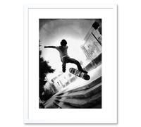 Wall Art Print Skateboarder Trick BW Framed Artery8 White W7 inch x H9 inch