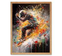 Wall Art Print Skateboarder Vibrant Splat Paint Action Shot Art Framed Artery8 Light Oak W12 inch x H16 inch