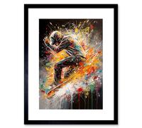 Wall Art Print Skateboarder Vibrant Splat Paint Action Shot Artwork Framed 9X7 Inch Artery8 Black W7 inch x H9 inch