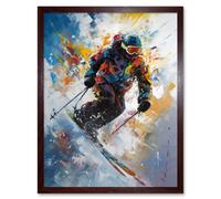 Wall Art Print Skier Skiing Down Slope Vibrant Splat Art Painting Art Framed Artery8 Brown W12 inch x H16 inch