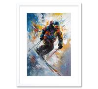Wall Art Print Skier Skiing Down Slope Vibrant Splat Art Painting Artwork Framed 9X7 Inch Artery8 White W7 inch x H9 inch