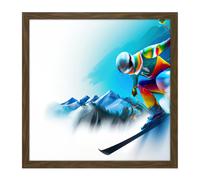 Wall Art Print Skier Skiing Motion Snow Mountain Winter Sport Blue Painting Square Framed Picture 16X16 Inch Artery8 Brown W16 inch x H16 inch