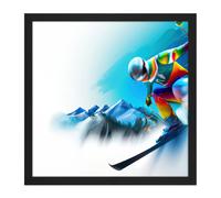 Wall Art Print Skier Skiing Motion Snow Mountain Winter Sport Blue Painting Square Framed Picture 16X16 Inch Artery8 Black W16 inch x H16 inch