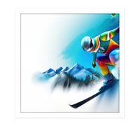 Wall Art Print Skier Skiing Motion Snow Mountain Winter Sport Blue Painting Square Framed Picture 16X16 Inch Artery8 White W16 inch x H16 inch
