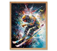 Wall Art Print Skier Skiing Vibrant Splatter Art Motion Painting Art Framed Artery8 Light Oak W12 inch x H16 inch