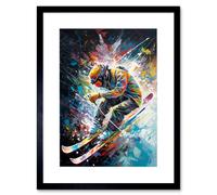 Wall Art Print Skier Skiing Vibrant Splatter Art Motion Painting Artwork Framed 9X7 Inch Artery8 Black W7 inch x H9 inch