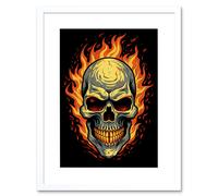 Wall Art Print Skull Flames Old School USA Tattoo Ink Body Art Rockabilly Americana 50s Artwork Framed 9X7 Inch Artery8 White W7 inch x H9 inch