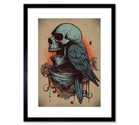 Wall Art Print Skull Raven Wings Old School USA Tattoo Ink Body Rockabilly Americana 50s Artwork Framed 9X7 Inch Artery8 Black W7 inch x H9 inch