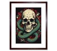 Wall Art Print Skull Snake and Flowers Tattoo Ink Body Art Rockabilly Americana 50s Artwork Framed 9X7 Inch Artery8 Brown W7 inch x H9 inch