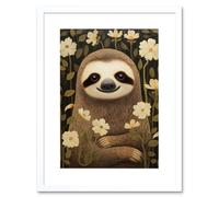 Wall Art Print Sloth with Jasmine and Anemone Flowers Elegant Artwork Framed 9X7 Inch Artery8 White W7 inch x H9 inch