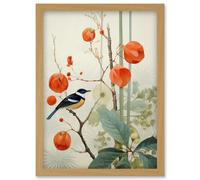 Wall Art Print Small Bird on Blooming Tree Branch Botanical Artwork Red Teal Nature Study Audubon Style Artwork Framed A4 Artery8 Light Oak A4
