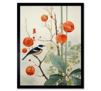 Wall Art Print Small Bird on Blooming Tree Branch Botanical Artwork Red Teal Nature Study Audubon Style Art Framed Artery8 Black W12 inch x H16 inch